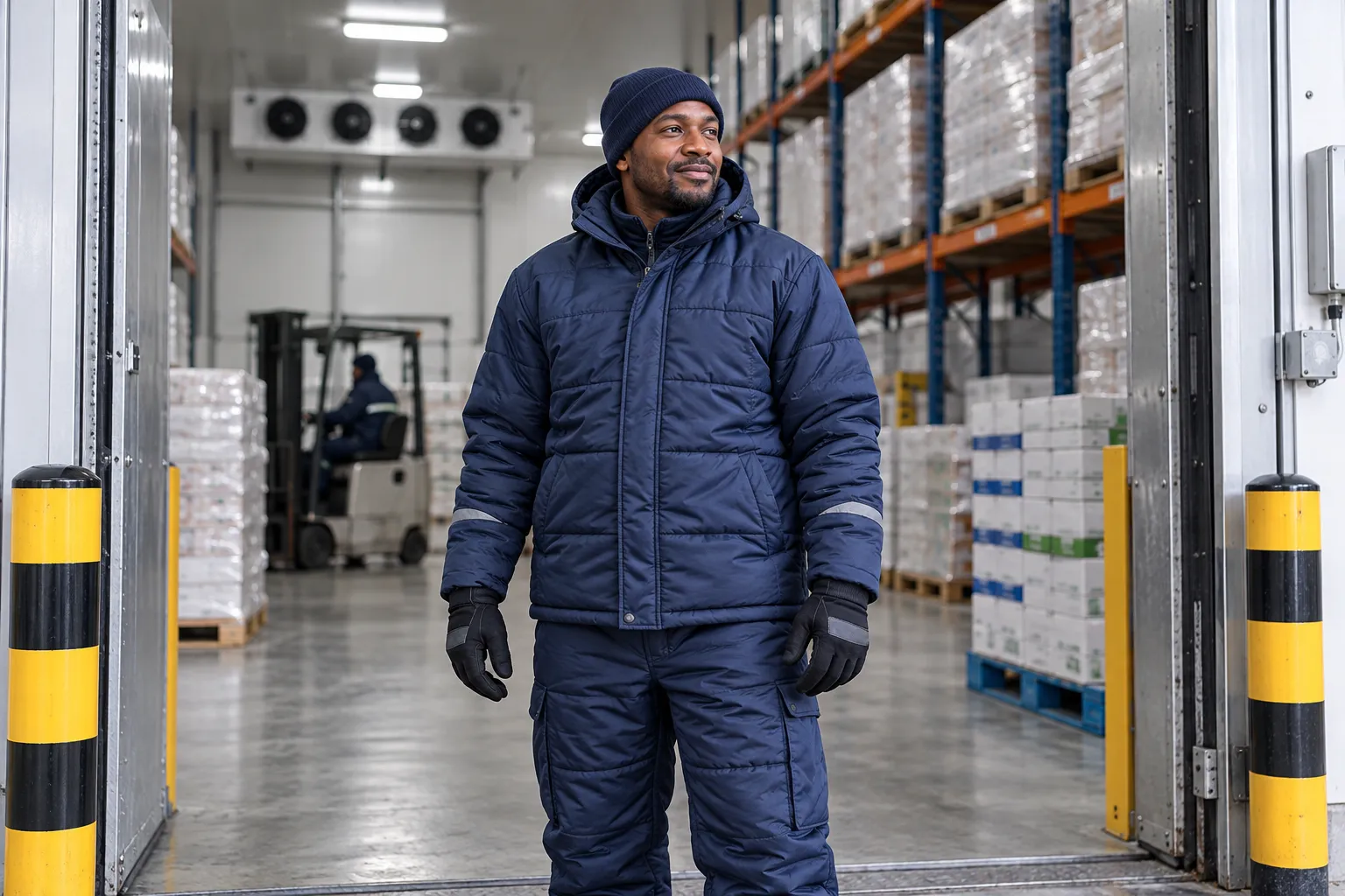 Warehouse employee in insulated navy workwear at a refrigerated store entrance